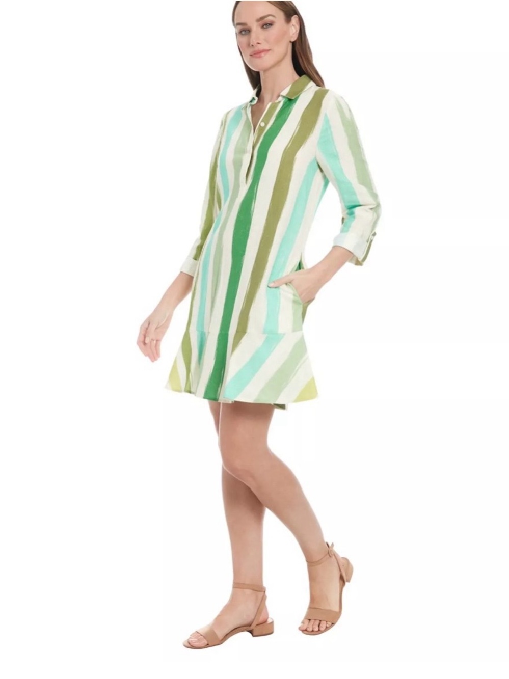 London Times Women's Full Shirt Dress w Flounce Striped Green /Aqua Shirt Dress